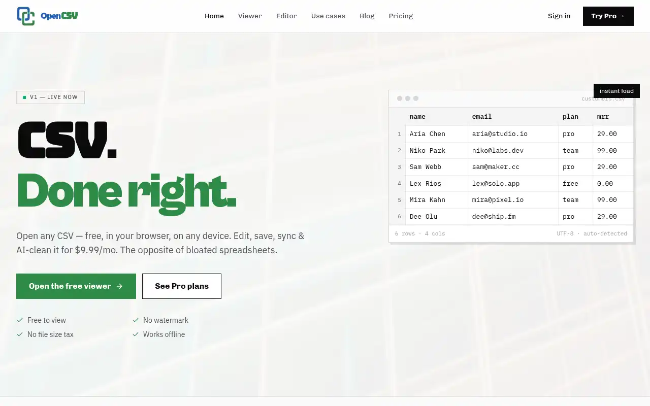 Screenshot of the OpenCSV web interface